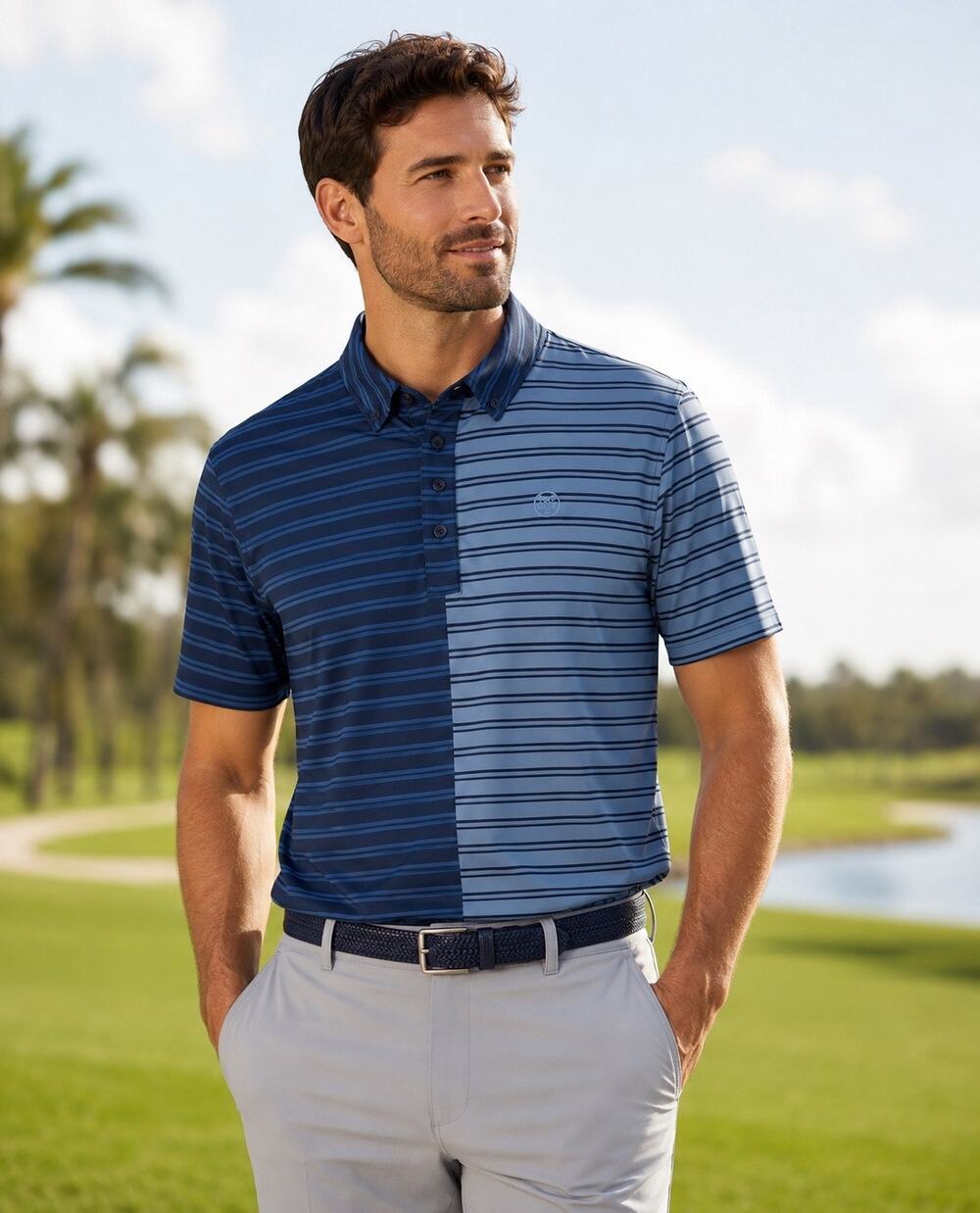 G/Fore Polo Shirt Mens Medium Blue Split Stripe Fjord Performance Golf